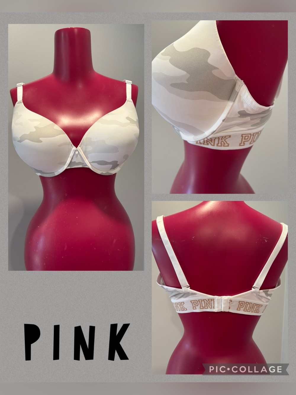 PINK Victoria's Secret wear everywhere T-shirt lightly lined Camo Print Bra 36DD